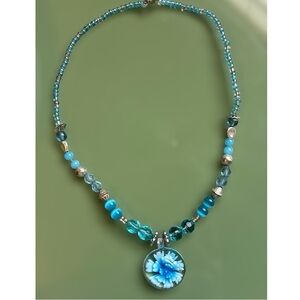 Handmade Boho Blue Beaded Crystal Necklace 3D Flower Pendant Romantic Jewelry